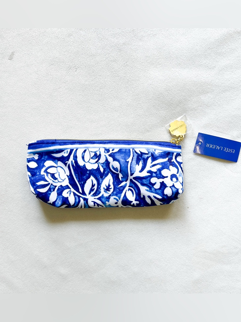 Estee Lauder Blue and White Floral Cosmetic Pouch